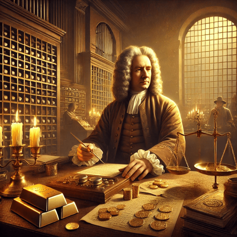 A historical digital painting depicting Sir Isaac Newton in 1717 at the Royal Mint of England. Newton, dressed in period attire with a powdered wig, sits at a grand wooden desk, meticulously examining gold coins and weighing them on a precision scale. The desk is filled with stacks of gold bars, coins, financial ledgers, and antique minting tools. The background features candlelit shelves lined with records and instruments used in the minting process, with a warm golden light symbolizing the dawn of the Gold Standard to Fiat Currency transition. The regal and scholarly atmosphere reflects Newton’s pivotal role in shaping modern monetary history.