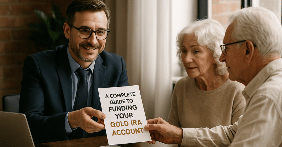 A financial advisor shows a guide titled “A Complete Guide to Funding Your Gold IRA Account” to an elderly couple during a consultation