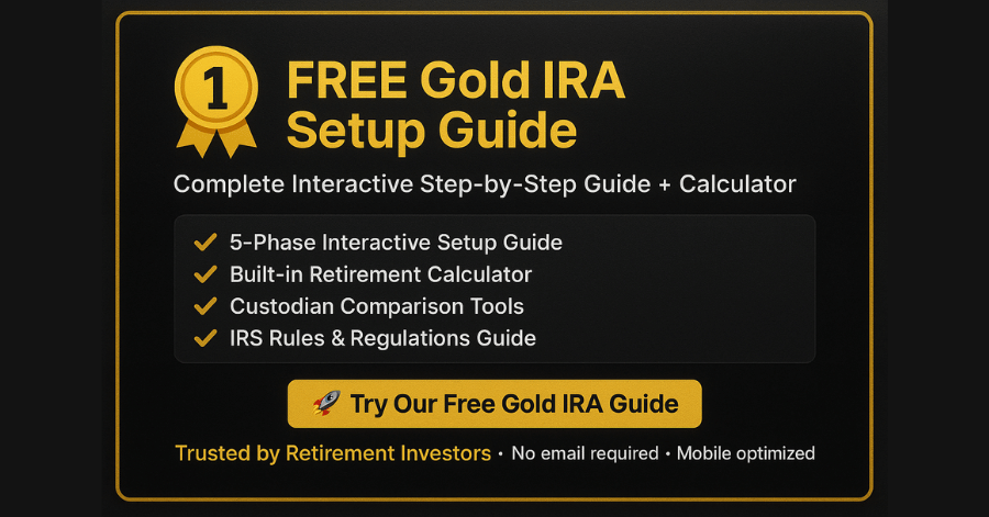 Promotional banner for a Free Gold IRA Setup Guide with checklist and calculator features.