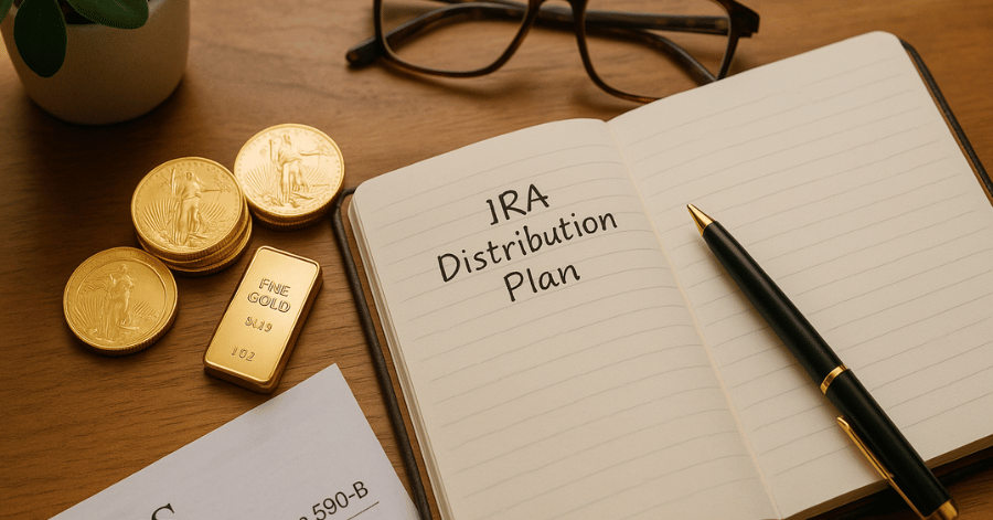Notebook with “IRA Distribution Plan” written inside, surrounded by gold coins, a gold bar, a pen, and tax documents — symbolizing funding your Gold IRA account.