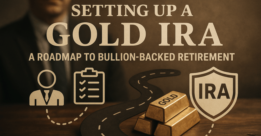 A visual guide titled "Setting Up a Gold IRA: A Roadmap to Bullion-Backed Retirement," featuring gold bars, a winding road, and IRA-related icons.