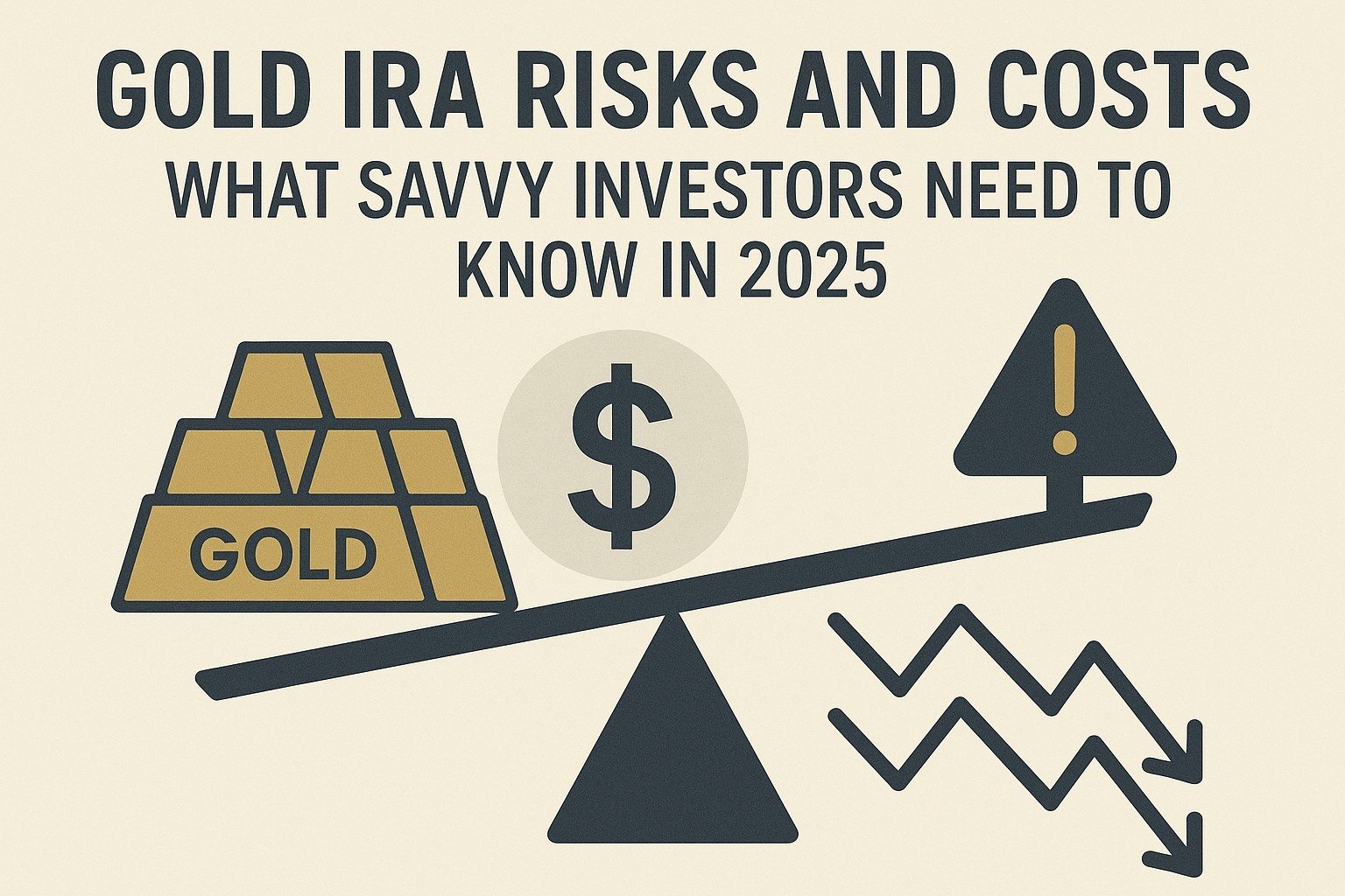 Illustration showing the risks and costs of Gold IRAs in 2025 with gold bars, a dollar sign, warning icon, and market decline symbol on a seesaw.