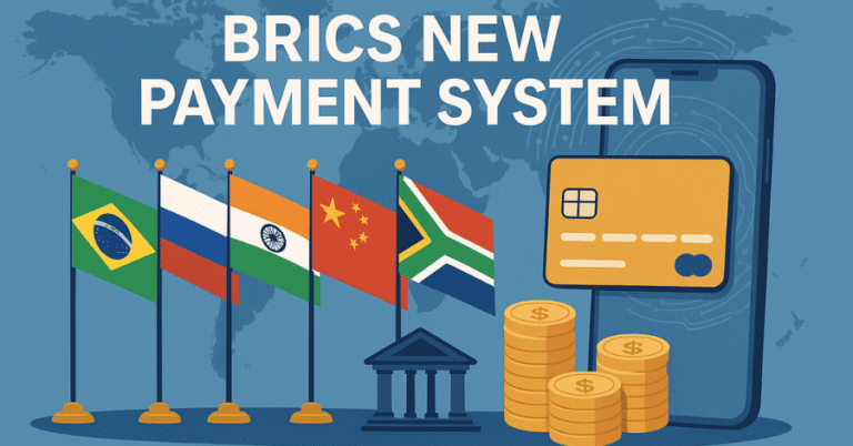 Illustration of BRICS country flags (Brazil, Russia, India, China, South Africa) beside digital payment icons, representing the launch of a new BRICS payment system.