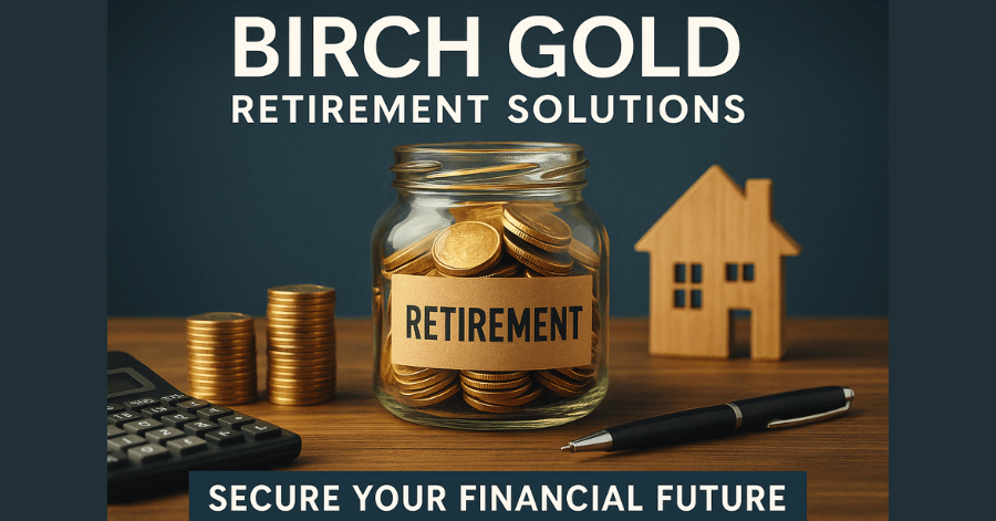 Glass jar labeled “Retirement” filled with gold coins, alongside a house model, calculator, and pen, representing Birch Gold’s retirement solutions.