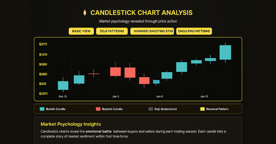 Candlestick chart analysis showing bullish, bearish, doji, and reversal patterns for gold prices