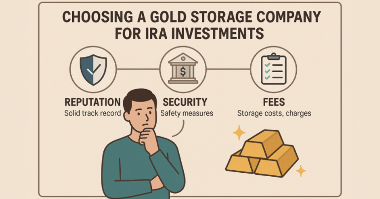 An infographic detailing the three key factors for choosing a gold storage company for IRA investments: Reputation (solid track record), Security (safety measures), and Fees (storage costs and charges).