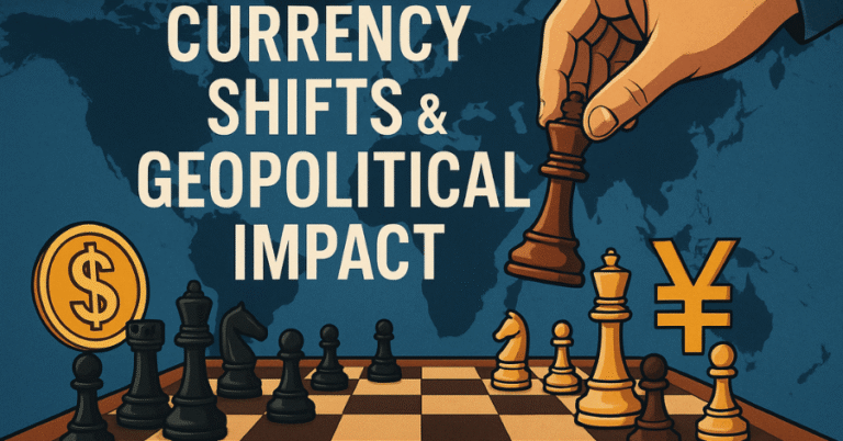 Chessboard with global currency symbols and strategic hand moves, representing the geopolitical impact of currency shifts worldwide.