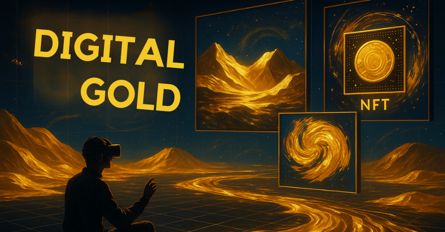 Virtual reality artist viewing digital gold landscapes and NFTs in a futuristic art space