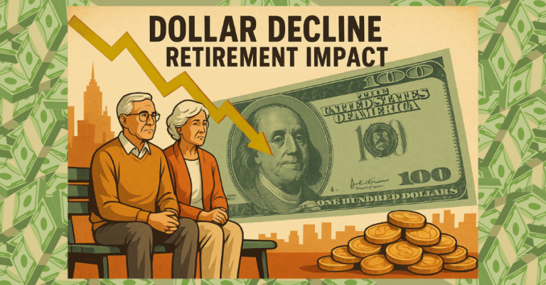 Illustration of elderly couple sitting on a bench with a falling dollar graphic, symbolizing how U.S. dollar decline impacts retirement savings.