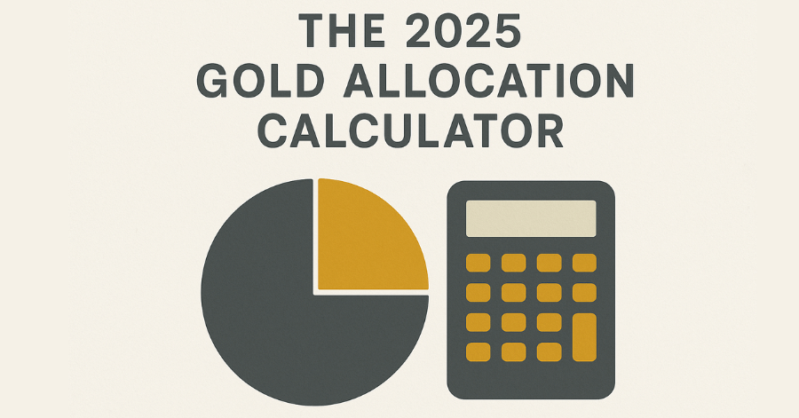 An image promoting "The 2025 Gold Allocation Calculator," featuring a calculator icon next to a pie chart that visually represents a portfolio with a specific allocation for gold.