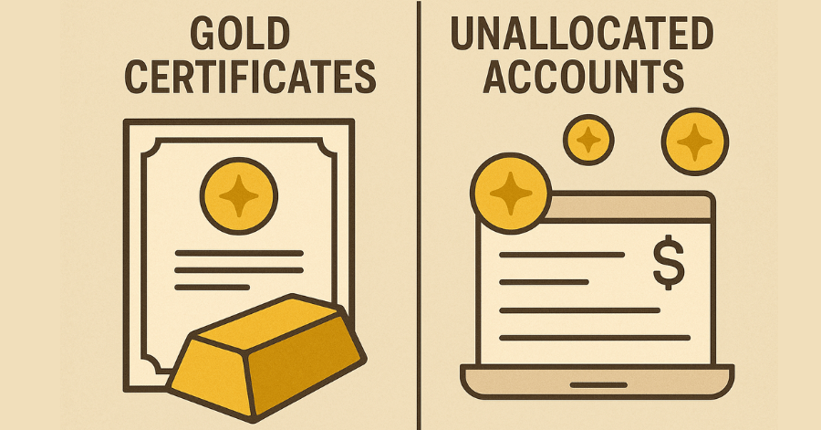 An illustration comparing two types of gold investments: "Gold Certificates," shown as a paper certificate next to a physical gold bar, and "Unallocated Accounts," shown as a digital account on a laptop screen.