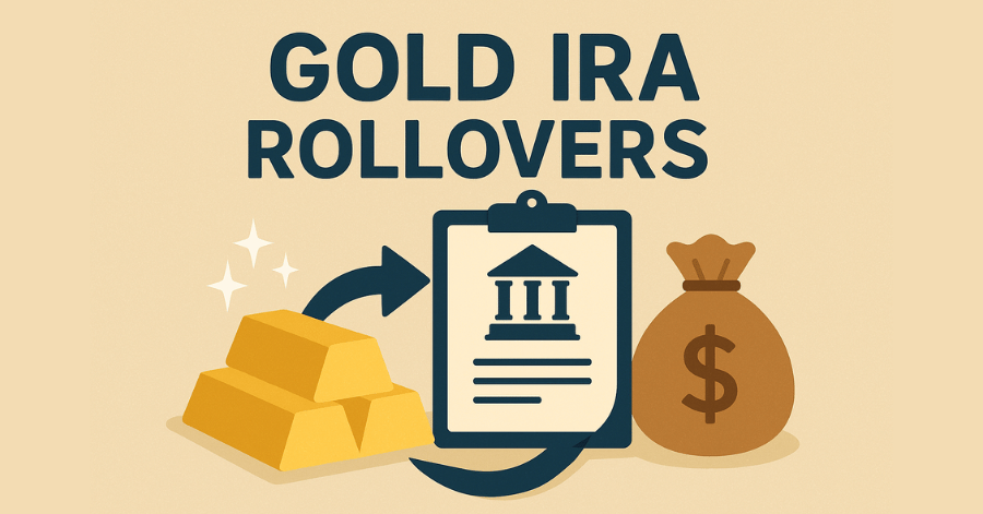 Illustration representing Gold IRA Rollovers with gold bars, a money bag, and a document clipboard.