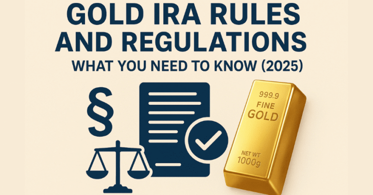 An informational graphic about "Gold IRA Rules and Regulations for 2025," featuring a 999.9 fine gold bar alongside legal icons like the scales of justice and a section symbol.