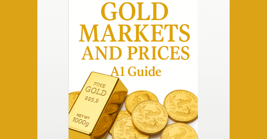 Cover image for "Gold Markets and Prices: A1 Guide" featuring a gold bar and U.S. gold coins stacked and scattered.