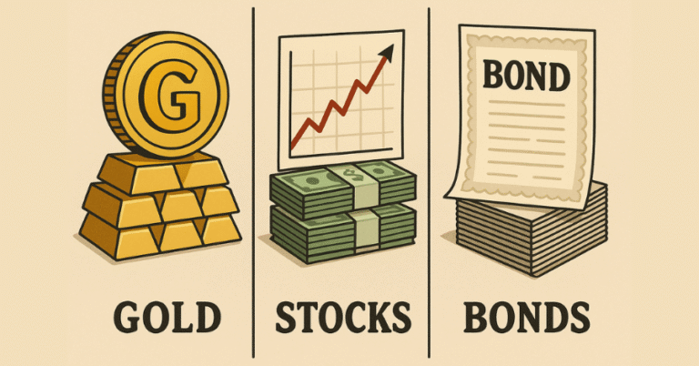 An illustration comparing three key asset classes. It shows "Gold" with physical gold bars and a coin, "Stocks" with cash and a rising growth chart, and "Bonds" with a bond certificate.