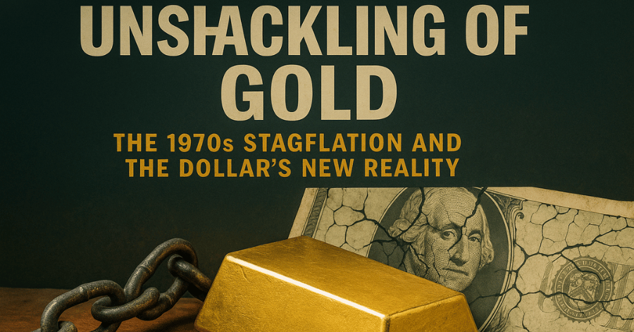 Gold bar breaking free from a chain with a cracked U.S. dollar in the background, symbolizing the decoupling of gold from the dollar during 1970s stagflation.