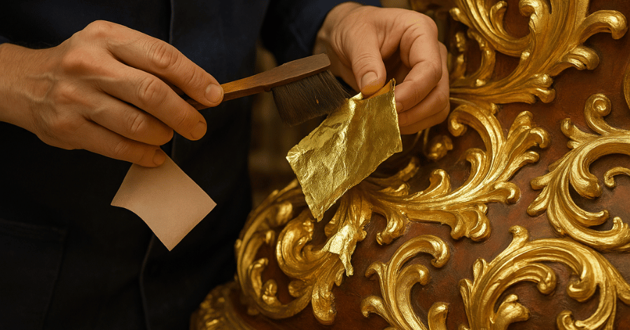 Artist applying gold leaf by hand in traditional art restoration process