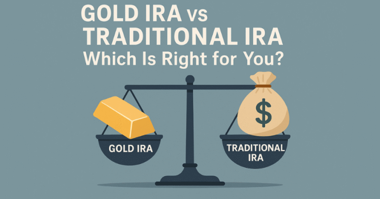 Illustration of a balance scale comparing a gold bar labeled “Gold IRA” and a money bag labeled “Traditional IRA,” symbolizing retirement investment choices.