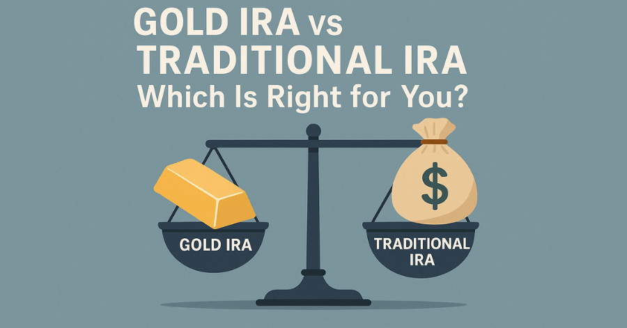Illustration of a balance scale comparing a gold bar labeled “Gold IRA” and a money bag labeled “Traditional IRA,” symbolizing retirement investment choices.