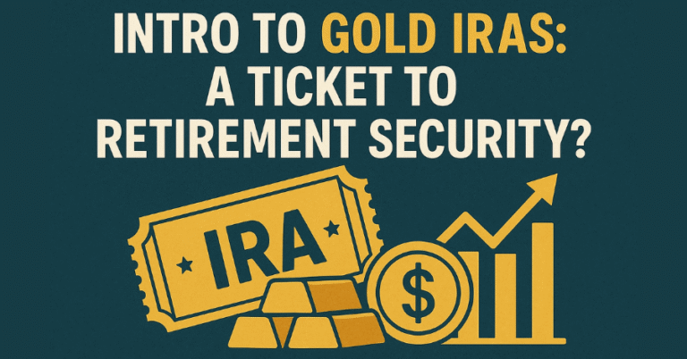 A promotional graphic for an "Intro to Gold IRAs" showing an IRA ticket, gold bars, and a financial growth chart, posing the question of whether they are a "ticket to retirement security.