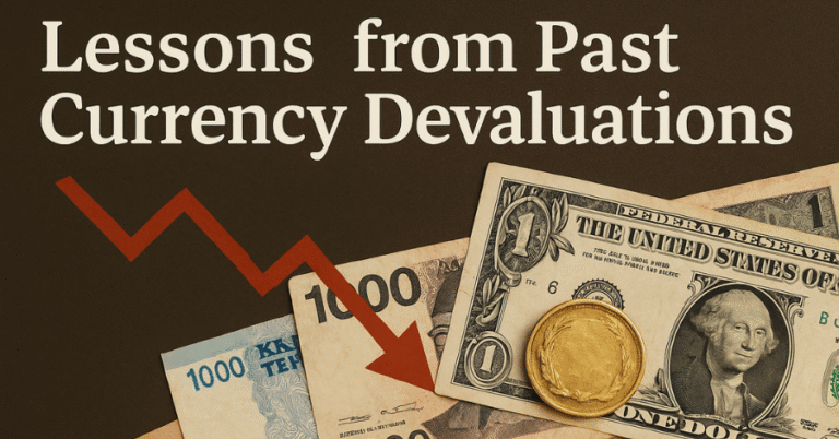 Lessons from Past Currency devaluations with a downward arrow, including U.S. dollars and foreign banknotes, illustrating historical currency crises.