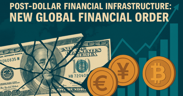 Shattered U.S. dollar bill with rising global currencies—euro, yuan, bitcoin—symbolizing a shift to a post-dollar financial system.