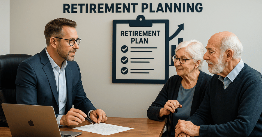 A financial advisor discussing Gold IRAs and retirement planning options with a senior couple in a professional office setting.