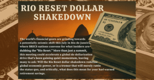 Stack of U.S. dollar bills with Sugarloaf Mountain in Rio de Janeiro at sunset, symbolizing the BRICS Rio Reset summit and global de-dollarization efforts.
