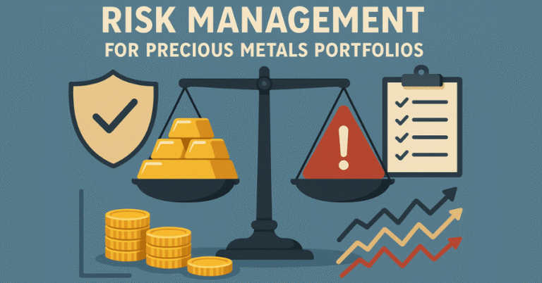 An infographic about risk management for precious metals, showing scales balancing gold bars against a risk symbol. Icons representing security (shield), strategy (checklist), and volatility (chart) surround the scales.