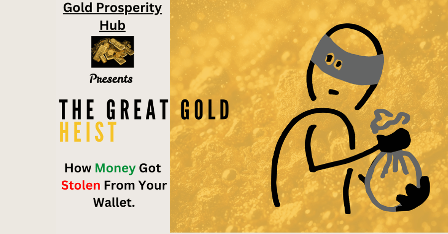 Poster for “The Great Gold Heist” featuring a masked thief illustration holding a money bag, with bold text and a gold background.