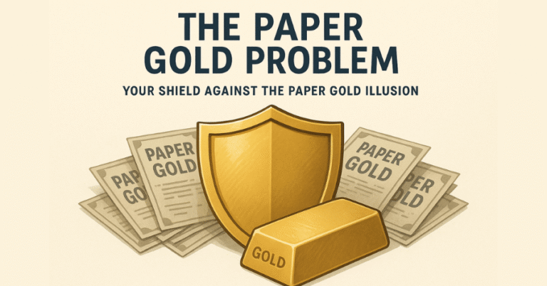 A graphic illustrating "The Paper Gold Problem," where a golden shield and a physical gold bar stand in front of "paper gold" certificates, representing protection from the risks of non-physical gold investments.