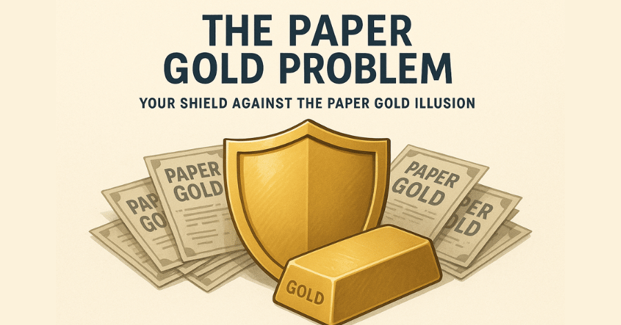 A graphic illustrating "The Paper Gold Problem," where a golden shield and a physical gold bar stand in front of "paper gold" certificates, representing protection from the risks of non-physical gold investments.