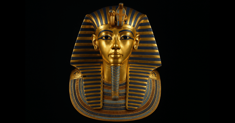 Tutankhamun's gold burial mask representing ancient Egyptian art and divine symbolism