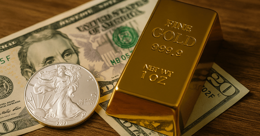 Gold bullion bar, American Silver Eagle coin, and U.S. dollar bills symbolizing the relationship between precious metals and fiat currency.