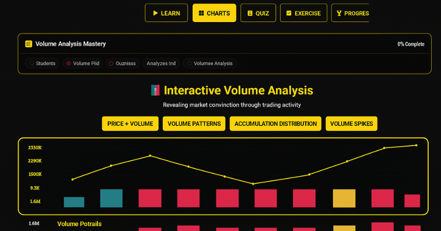Interactive Volume Analysis: a chart showing volume patterns, accumulation, and spikes in an interactive learning dashboard.