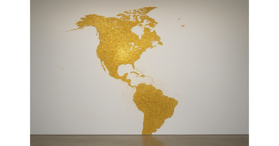 Modern conceptual art installation featuring gold textures and reflective surfaces