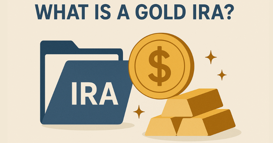 A graphic explaining "What is a Gold IRA?" It shows an "IRA" folder icon next to a stack of gold bars and a large gold coin with a dollar sign, representing the combination of a retirement account and physical gold.