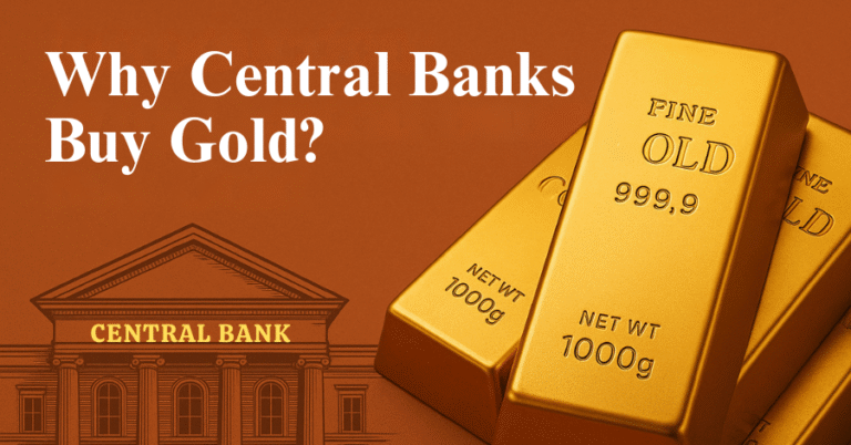 Gold bars next to a central bank building illustration, representing why global central banks accumulate gold reserves.