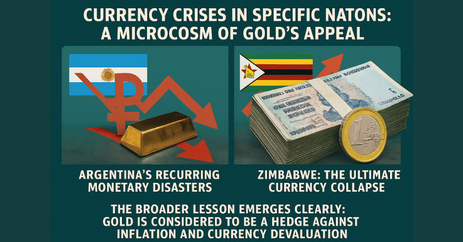 Visual comparison of Argentina and Zimbabwe’s currency crises with collapsing symbols and gold, highlighting gold’s role as a hedge against inflation.