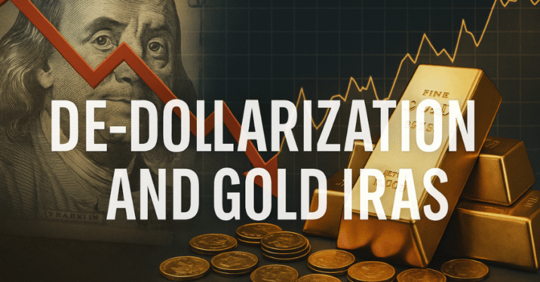 Gold bars and coins in front of a falling red arrow and a U.S. dollar backdrop, symbolizing de-dollarization and the rise of Gold IRAs.