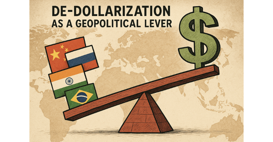 Illustration of BRICS nation flags tipping a seesaw against a large U.S. dollar symbol, symbolizing de-dollarization as a geopolitical strategy.