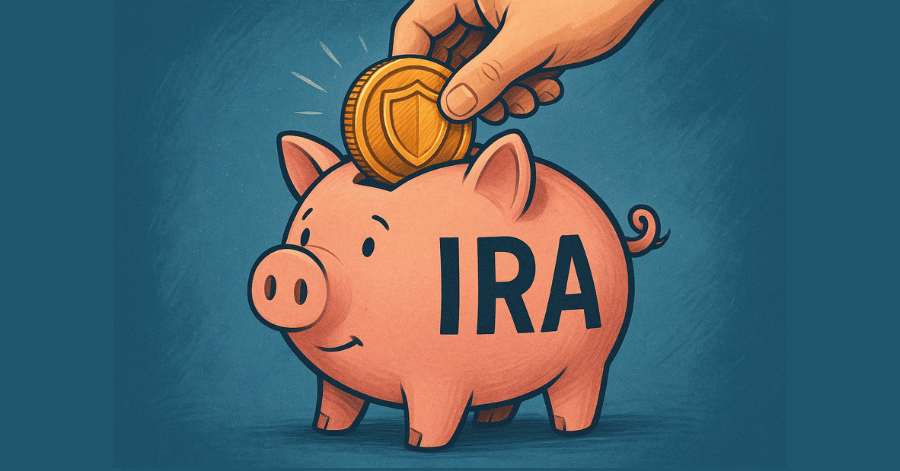 Illustration of a hand placing a gold coin into a pink piggy bank labeled IRA, symbolizing retirement savings.