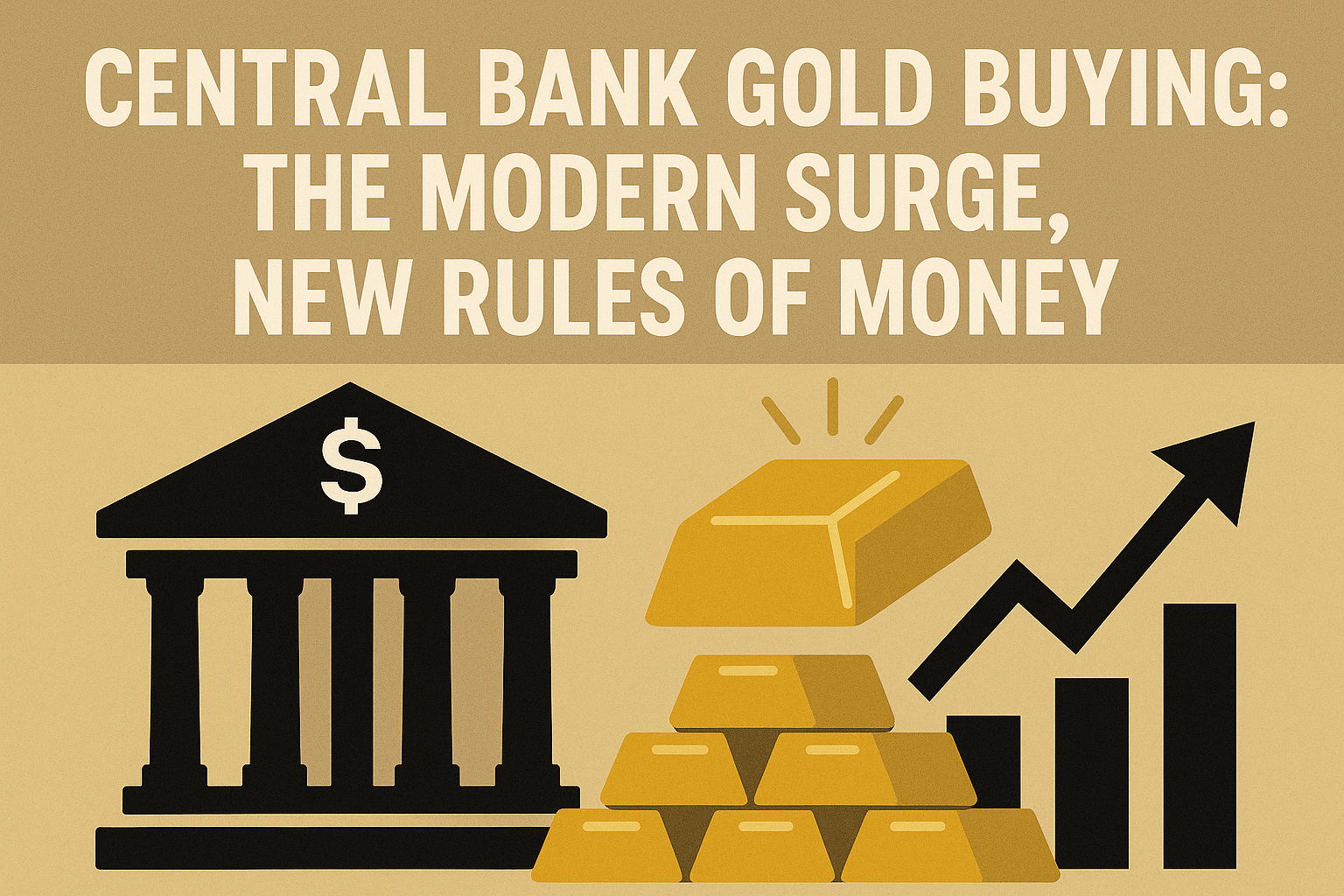A Depiction representing: Central Bank Gold Buying, an Illustration of a central bank building, stacked gold bars, and a rising chart symbolizing modern gold buying trends and monetary shifts.